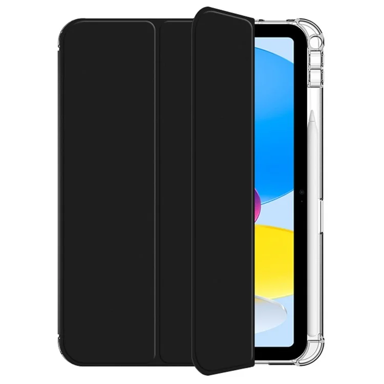 For iPad (2025) / 10.9 (2022) PU Leather Trifold Stand Case Clear Back Cover with Pencil Holder - Black