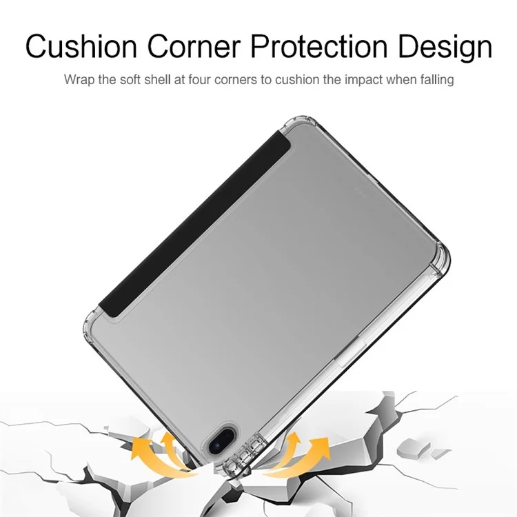 For iPad (2025) / 10.9 (2022) PU Leather Trifold Stand Case Clear Back Cover with Pencil Holder - Black