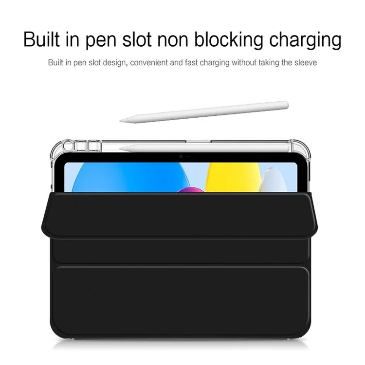 For iPad (2025) / 10.9 (2022) PU Leather Trifold Stand Case Clear Back Cover with Pencil Holder - Black