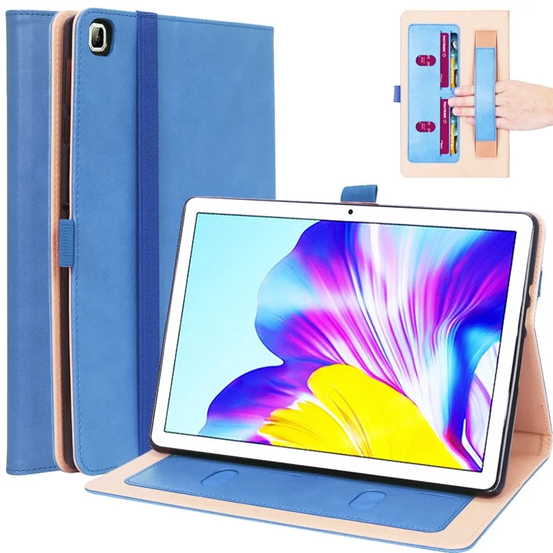 For Honor Pad X8 Business Retro Texture Tablet Case PU Leather Card Holder Stand Cover with Hand Strap and Elastic Band - Blue