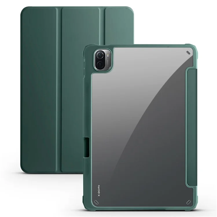 Para Xiaomi Pad 5 / Pad 5 Pro Tri-fold Stand Tablet Case PU Leather Front Transparent Acrylic Back Full Body Protective Cover, Support Auto Wake / Sleep Function - Midnight Green