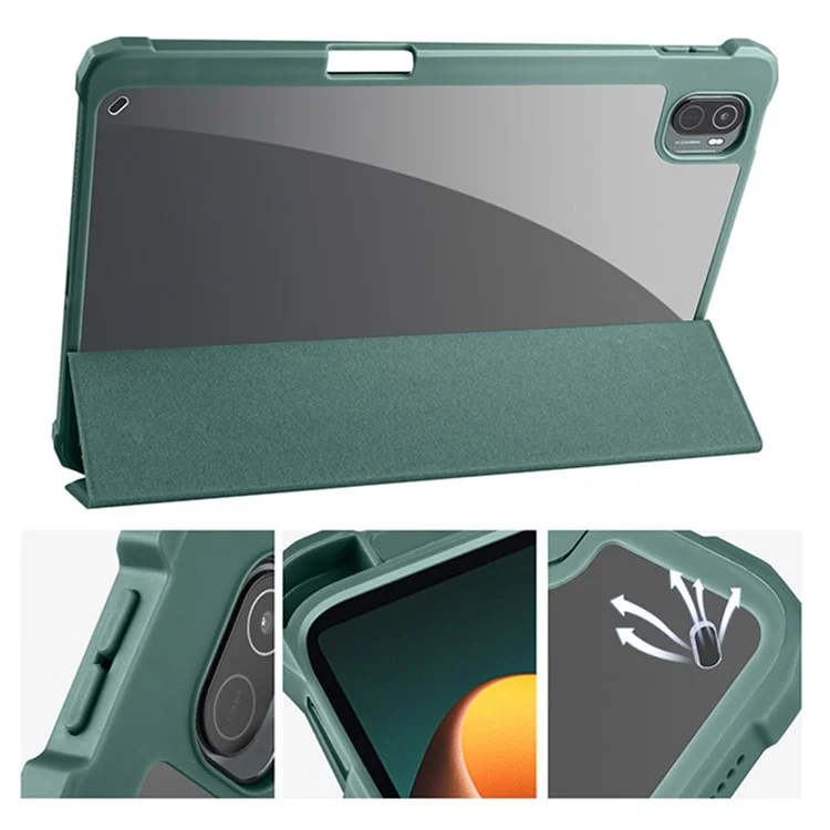 Para Xiaomi Pad 5 / Pad 5 Pro Tri-fold Stand Tablet Case PU Leather Front Transparent Acrylic Back Full Body Protective Cover, Support Auto Wake / Sleep Function - Midnight Green