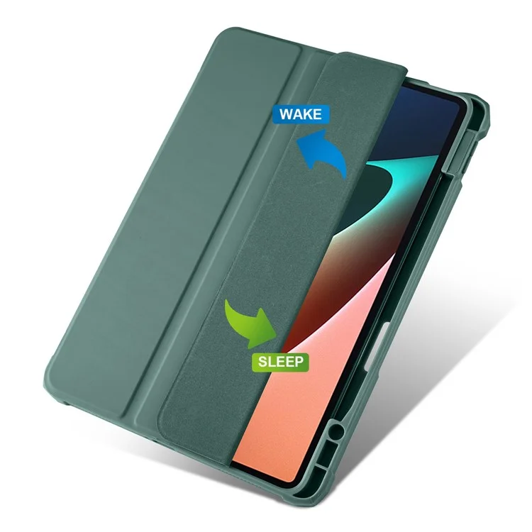 Para Xiaomi Pad 5 / Pad 5 Pro Tri-fold Stand Tablet Case PU Leather Front Transparent Acrylic Back Full Body Protective Cover, Support Auto Wake / Sleep Function - Midnight Green