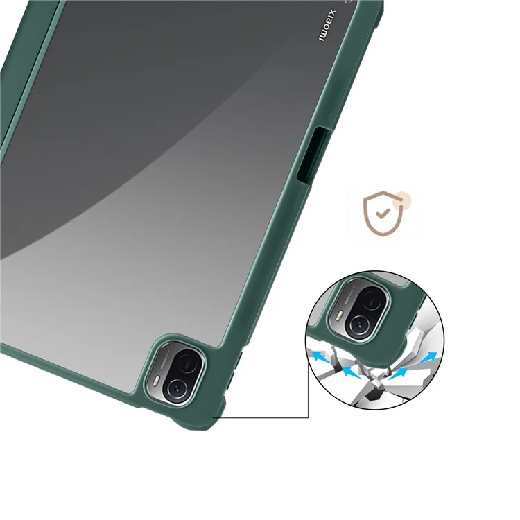 Para Xiaomi Pad 5 / Pad 5 Pro Tri-fold Stand Tablet Case PU Leather Front Transparent Acrylic Back Full Body Protective Cover, Support Auto Wake / Sleep Function - Midnight Green