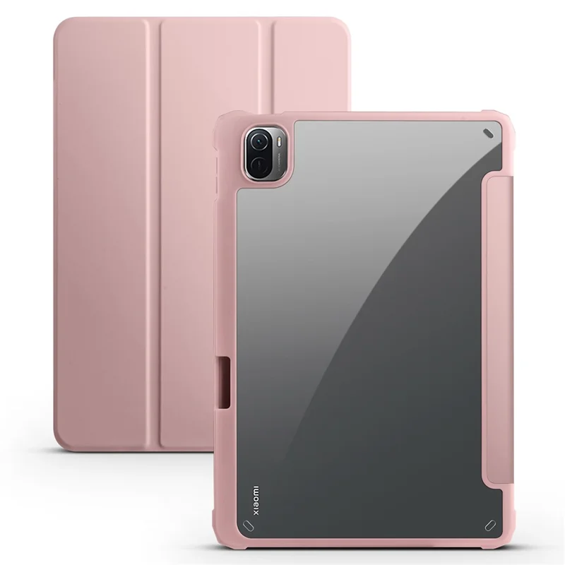 For Xiaomi Pad 5 / Pad 5 Pro Tri-fold Stand Tablet Case PU Leather Front Transparent Acrylic Back Full Body Protective Cover, Support Auto Wake / Sleep Function - Pink