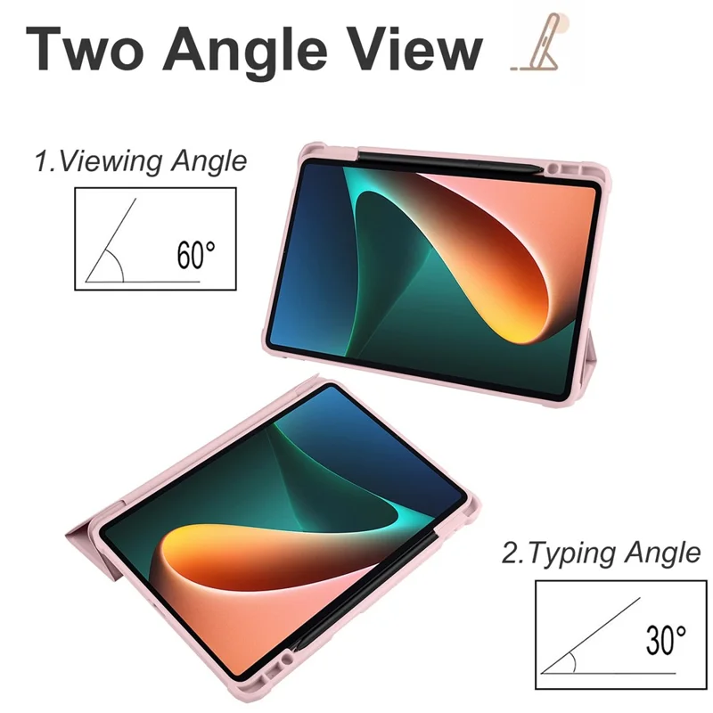 For Xiaomi Pad 5 / Pad 5 Pro Tri-fold Stand Tablet Case PU Leather Front Transparent Acrylic Back Full Body Protective Cover, Support Auto Wake / Sleep Function - Pink