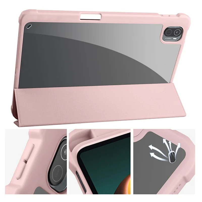 For Xiaomi Pad 5 / Pad 5 Pro Tri-fold Stand Tablet Case PU Leather Front Transparent Acrylic Back Full Body Protective Cover, Support Auto Wake / Sleep Function - Pink