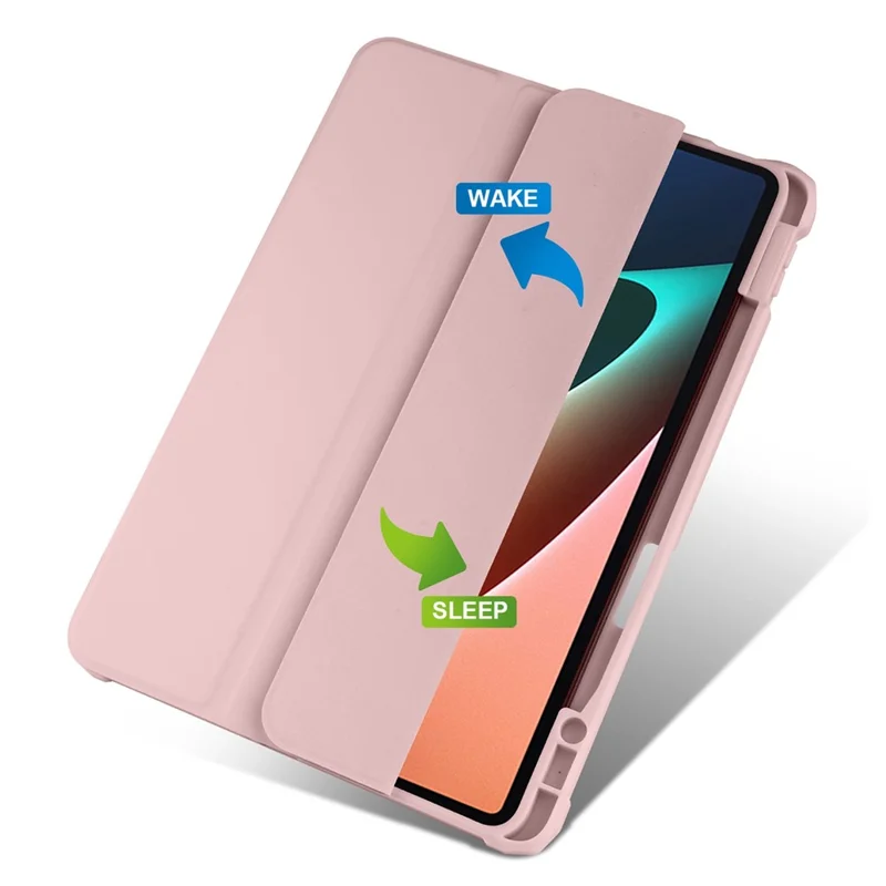 For Xiaomi Pad 5 / Pad 5 Pro Tri-fold Stand Tablet Case PU Leather Front Transparent Acrylic Back Full Body Protective Cover, Support Auto Wake / Sleep Function - Pink