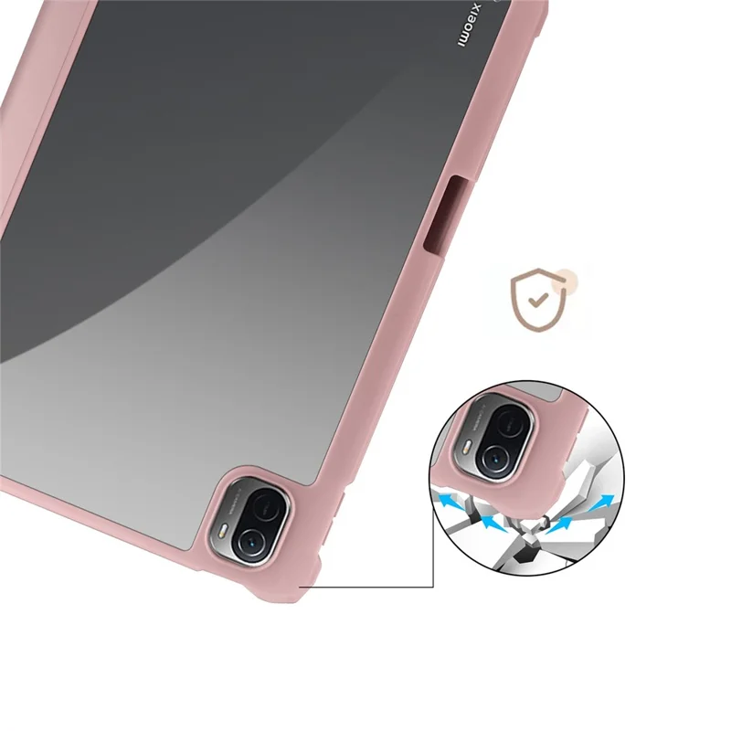 For Xiaomi Pad 5 / Pad 5 Pro Tri-fold Stand Tablet Case PU Leather Front Transparent Acrylic Back Full Body Protective Cover, Support Auto Wake / Sleep Function - Pink