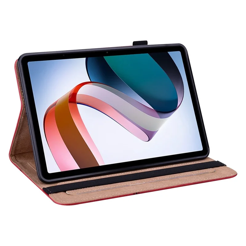 For Xiaomi Redmi Pad PU Leather Elastic Band Protective Case Card Slots Multi-Angle Stand Line Imprinted Tablet Cover with Pen Holder - Red
