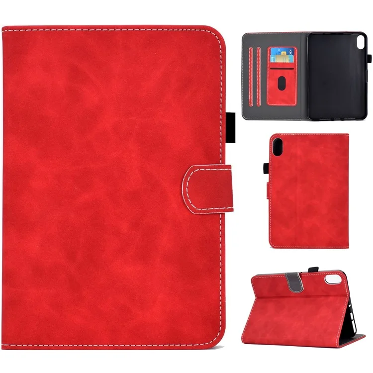 For iPad (2025) / 10.9 (2022) Cowhide Textured Leather Tablet Case Shockproof Card Holder Protective Cover with Stand - Red