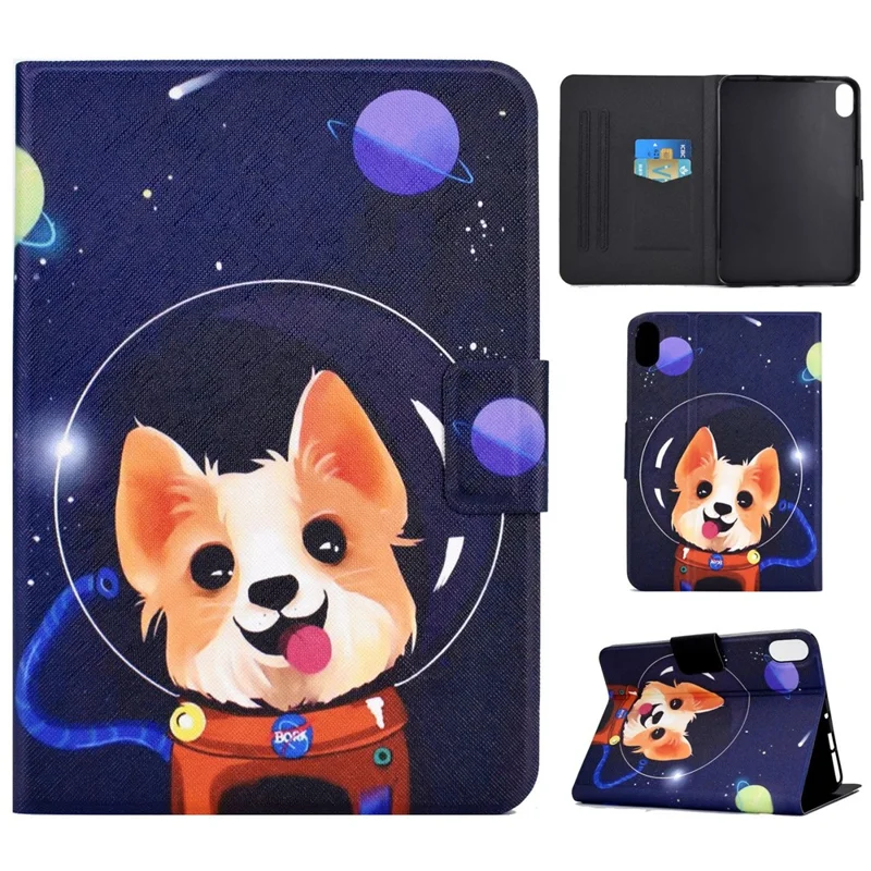 For iPad (2025) / 10.9 (2022) Pattern Printing PU Leather Tablet Case Folding Stand Folio Cover with Card Holder - Space Dog