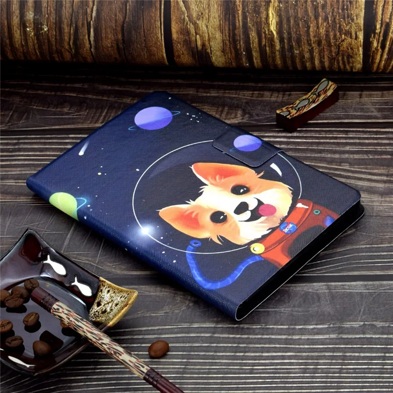 For iPad (2025) / 10.9 (2022) Pattern Printing PU Leather Tablet Case Folding Stand Folio Cover with Card Holder - Space Dog