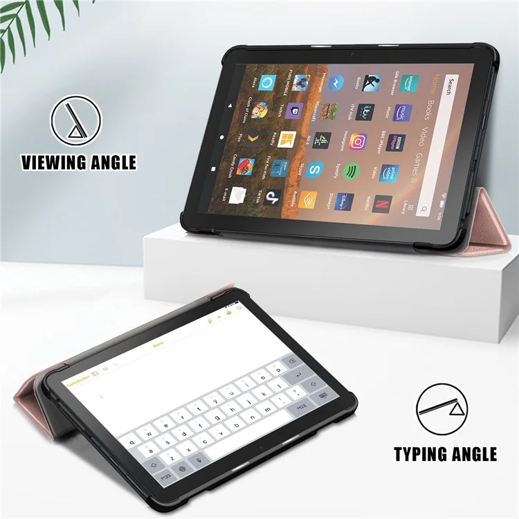 Para Amazon Fire HD 8 (2020) / HD 8 Plus (2022) Funda de Tableta de Piel de PU a Prueba de Golpes Trifold Stand Cubierta Inteligente de Activación / Suspensión - Oro Rosa