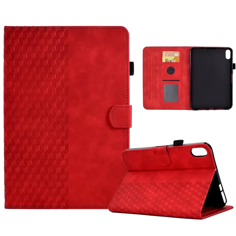For iPad (2025) / 10.9 (2022) Imprinted Rhombus Pattern PU Leather Tablet Case Stitching Line Full Protection Stand Card Holder Cover - Red