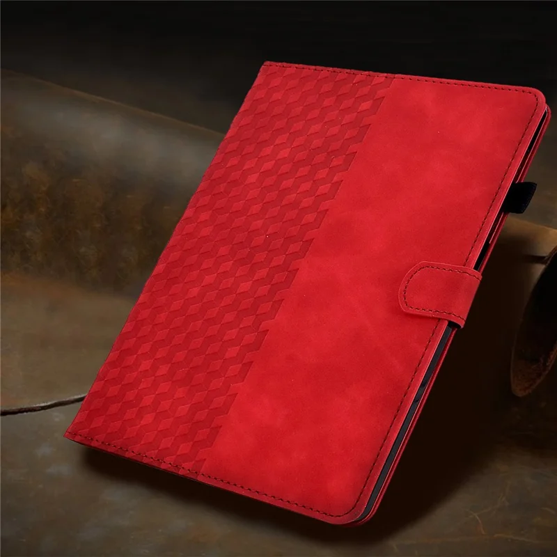 For iPad (2025) / 10.9 (2022) Imprinted Rhombus Pattern PU Leather Tablet Case Stitching Line Full Protection Stand Card Holder Cover - Red