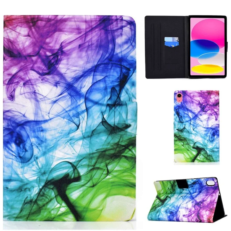 For iPad (2025) / 10.9 (2022) Pattern Printing PU Leather Folio Tablet Case Fold Stand Card Holder Magnetic Flip Cover - Smoke