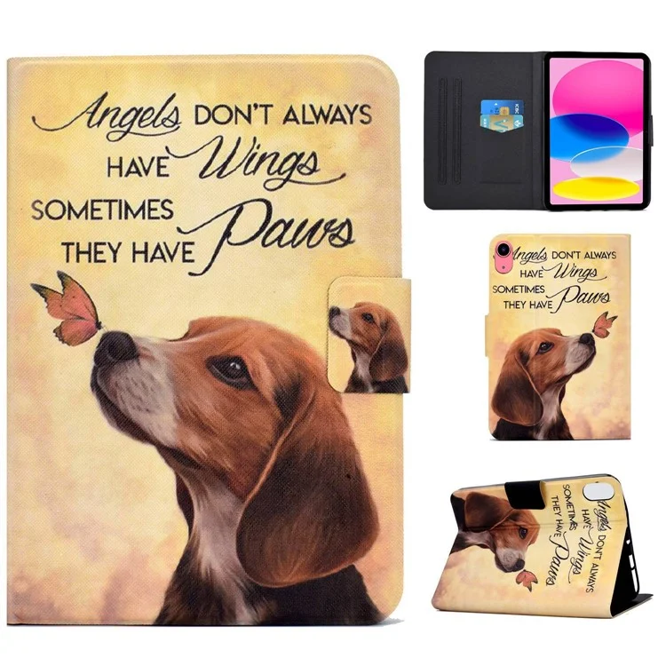 Para iPad 10.9 (2022) / iPad 10ª Geração Padrão de Impressão PU Leather Tablet Case Fold Stand Magnetic Flip Cover com Porta-Cartões - Borboleta e Cachorro
