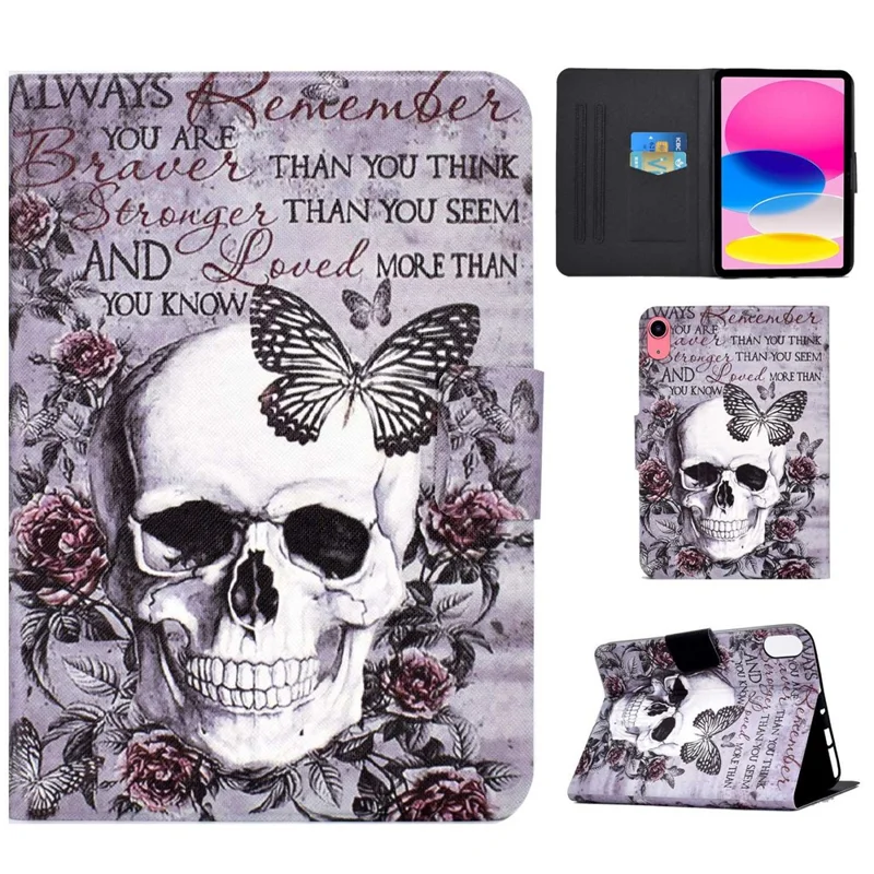 For iPad (2025) / 10.9 (2022) Pattern Printing PU Leather Tablet Case Fold Stand Magnetic Flip Cover with Card Holder - Skull