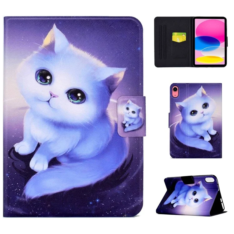 Per iPad 10.9 (2022) / iPad 10a Gen Custodia Tablet in Pelle PU con Stampa a Motivi Pieghevole con Supporto Magnetico Flip e Porta Carte - Gatto