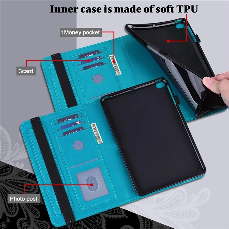 For Nokia T20 Flower Imprinting Tablet Cover Stand Wallet PU Leather + Inner TPU Protective Case - Blue