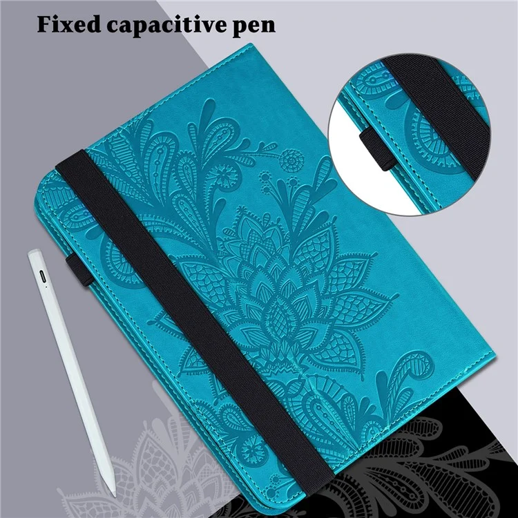 For Nokia T20 Flower Imprinting Tablet Cover Stand Wallet PU Leather + Inner TPU Protective Case - Blue