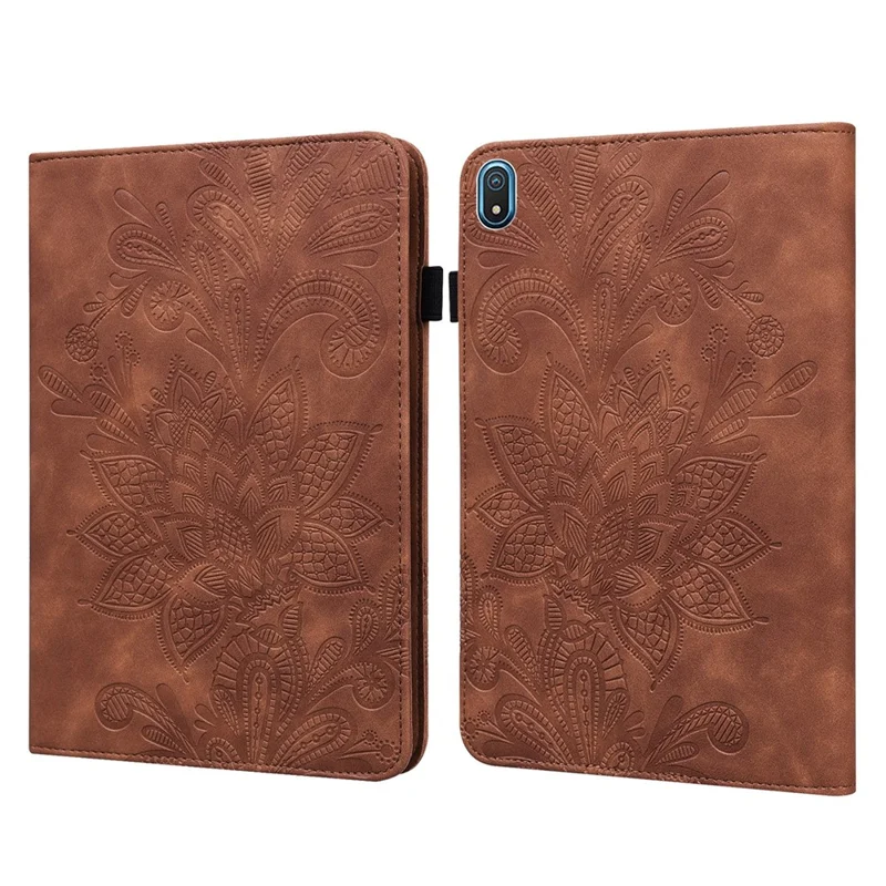 For Nokia T20 Flower Imprinting Tablet Cover Stand Wallet PU Leather + Inner TPU Protective Case - Brown