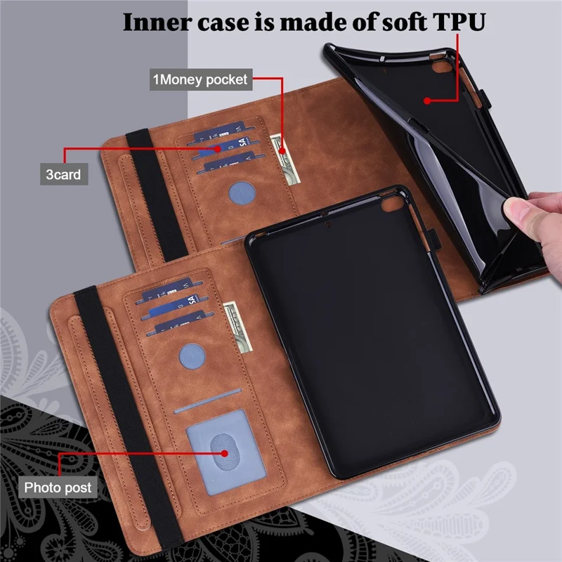 For Nokia T20 Flower Imprinting Tablet Cover Stand Wallet PU Leather + Inner TPU Protective Case - Brown