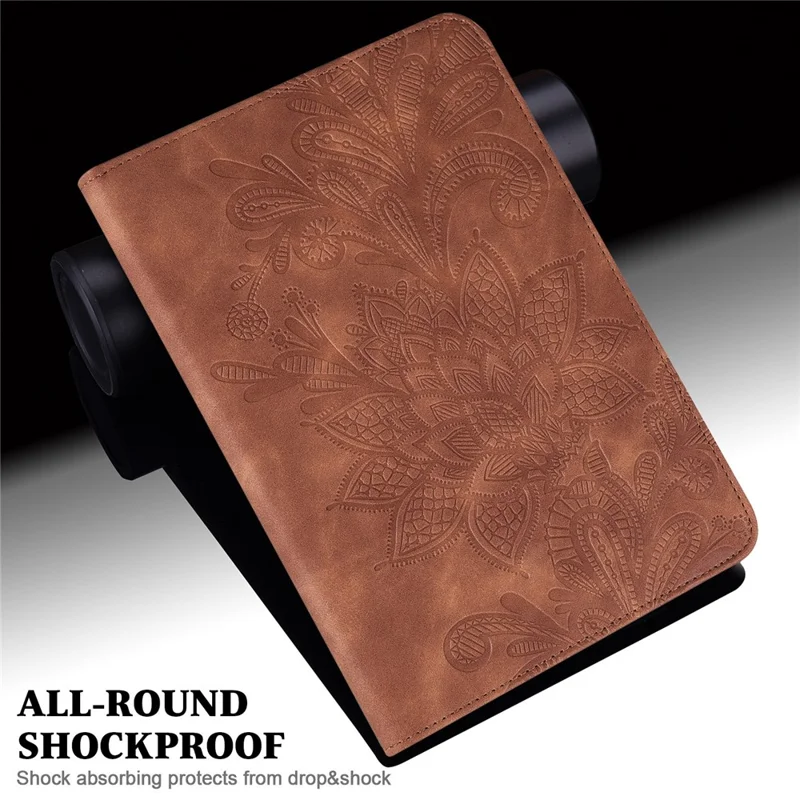 For Nokia T20 Flower Imprinting Tablet Cover Stand Wallet PU Leather + Inner TPU Protective Case - Brown