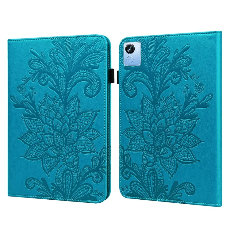 For Realme Pad X Flower Imprinting Foldable Stand Tablet Wallet Case PU Leather Drop-proof Cover with Elastic Band - Blue