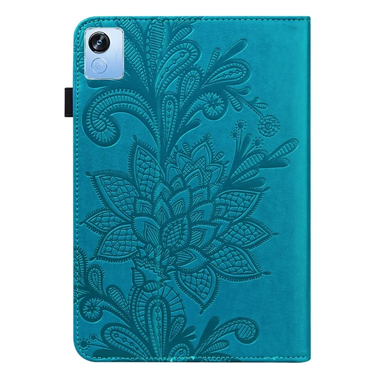 For Realme Pad X Flower Imprinting Foldable Stand Tablet Wallet Case PU Leather Drop-proof Cover with Elastic Band - Blue