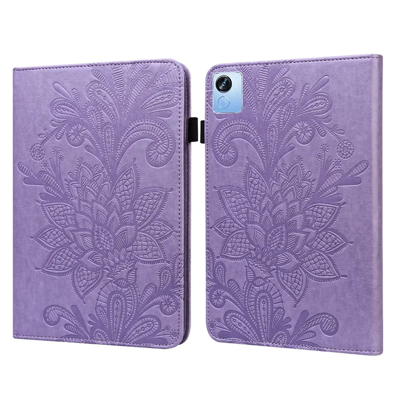 For Realme Pad X Flower Imprinting Foldable Stand Tablet Wallet Case PU Leather Drop-proof Cover with Elastic Band - Purple
