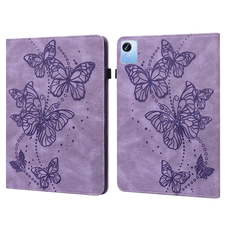 For Realme Pad X Butterfly Imprinted Tablet Full Protection Stand Case PU Leather Card Holder Cover with Elastic Band - Purple