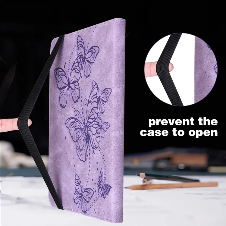 For Realme Pad X Butterfly Imprinted Tablet Full Protection Stand Case PU Leather Card Holder Cover with Elastic Band - Purple
