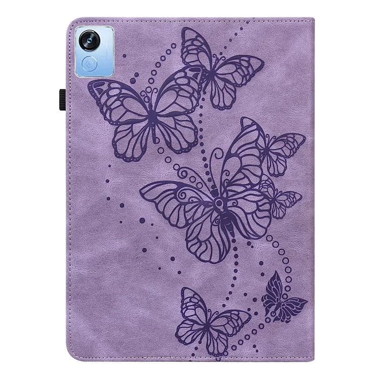 For Realme Pad X Butterfly Imprinted Tablet Full Protection Stand Case PU Leather Card Holder Cover with Elastic Band - Purple