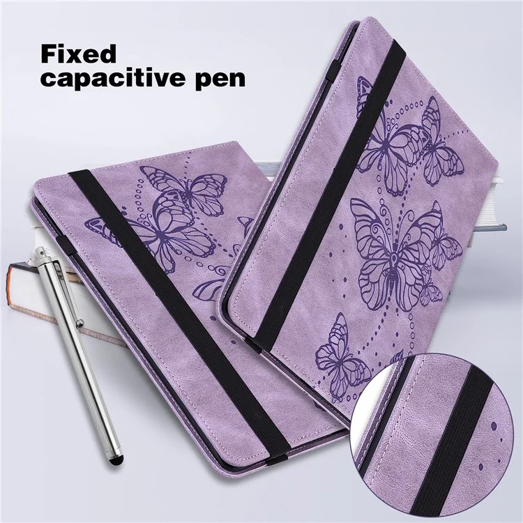 For Realme Pad X Butterfly Imprinted Tablet Full Protection Stand Case PU Leather Card Holder Cover with Elastic Band - Purple
