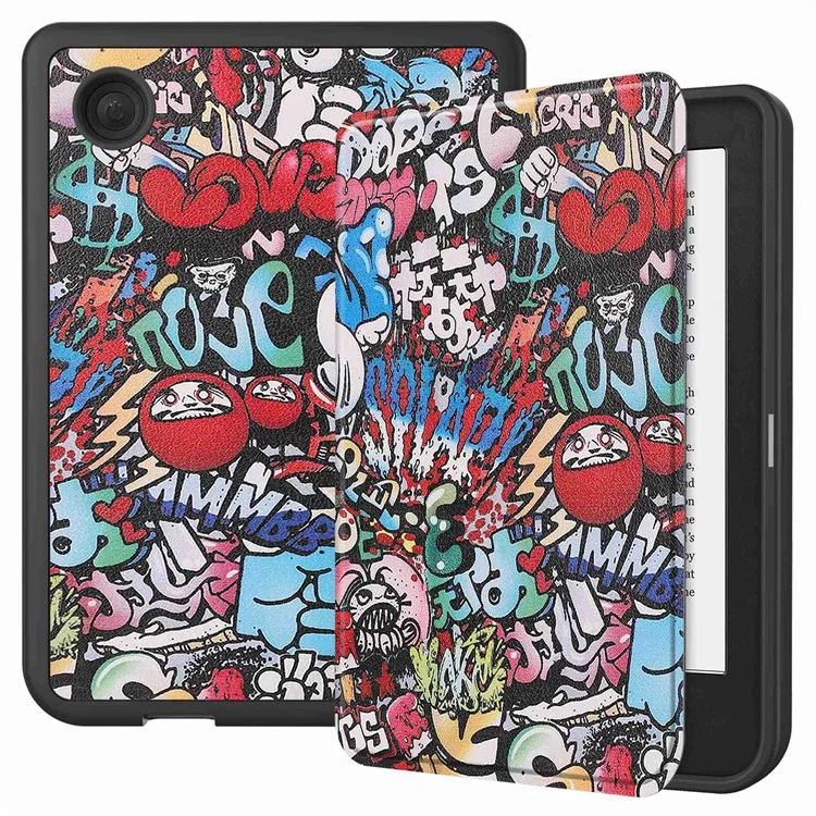 Für Kobo Clara 2E Musterdruckendes PU-Leder-Folio E-Reader-Cover Stoßfestes Smartes Auto-Sleep / Weck-Schutzhülle - Graffiti