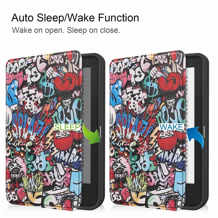 Für Kobo Clara 2E Musterdruckendes PU-Leder-Folio E-Reader-Cover Stoßfestes Smartes Auto-Sleep / Weck-Schutzhülle - Graffiti