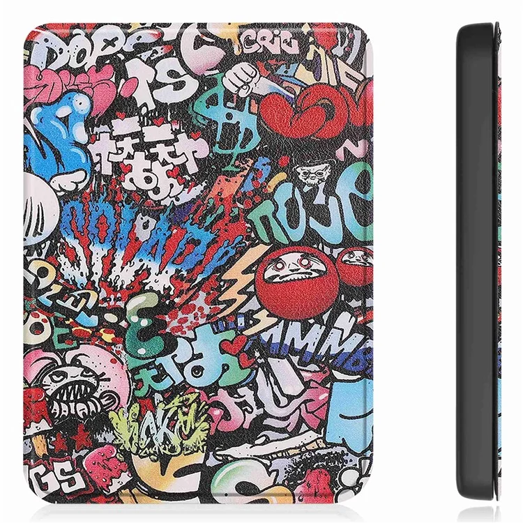 Für Kobo Clara 2E Musterdruckendes PU-Leder-Folio E-Reader-Cover Stoßfestes Smartes Auto-Sleep / Weck-Schutzhülle - Graffiti