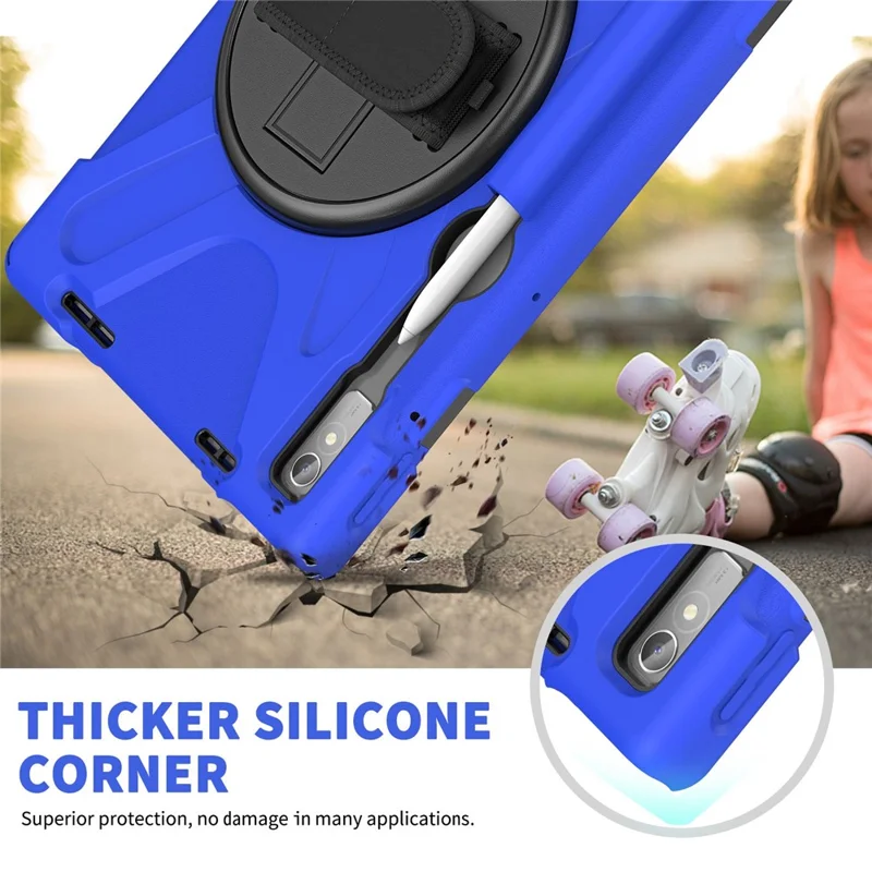 For Lenovo Tab P11 Pro Gen 2 / Tab P11 Pro 2022 Kickstand PC + Silicone Tablet Case 360 Degree Rotation Hand Strap Shockproof Rugged Protective Cover - Blue