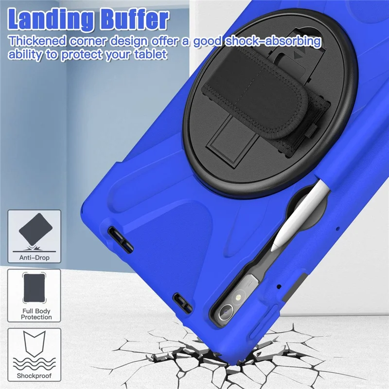 For Lenovo Tab P11 Pro Gen 2 / Tab P11 Pro 2022 Kickstand PC + Silicone Tablet Case 360 Degree Rotation Hand Strap Shockproof Rugged Protective Cover - Blue