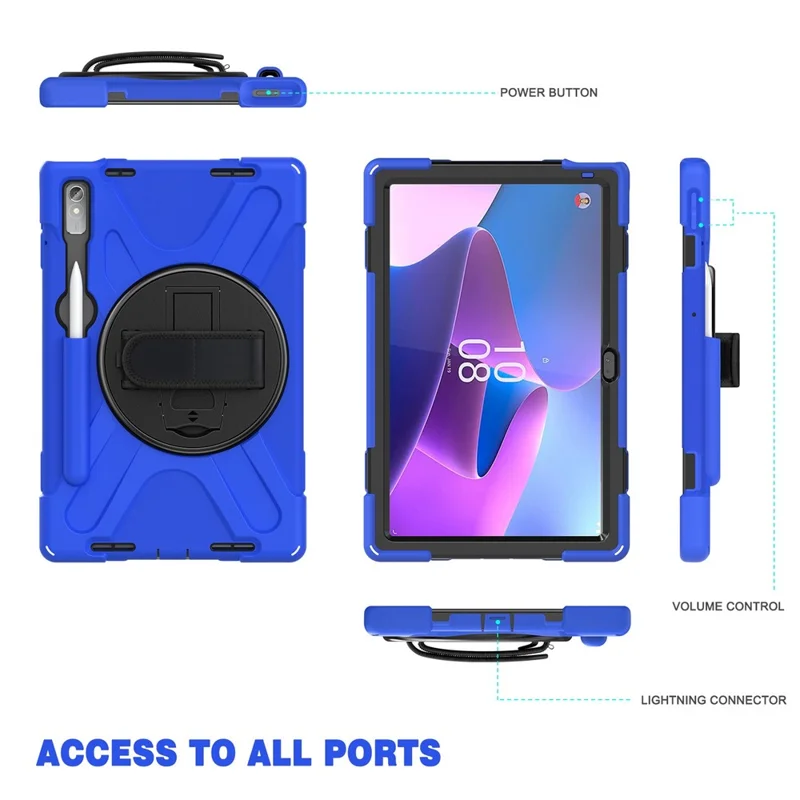 For Lenovo Tab P11 Pro Gen 2 / Tab P11 Pro 2022 Kickstand PC + Silicone Tablet Case 360 Degree Rotation Hand Strap Shockproof Rugged Protective Cover - Blue