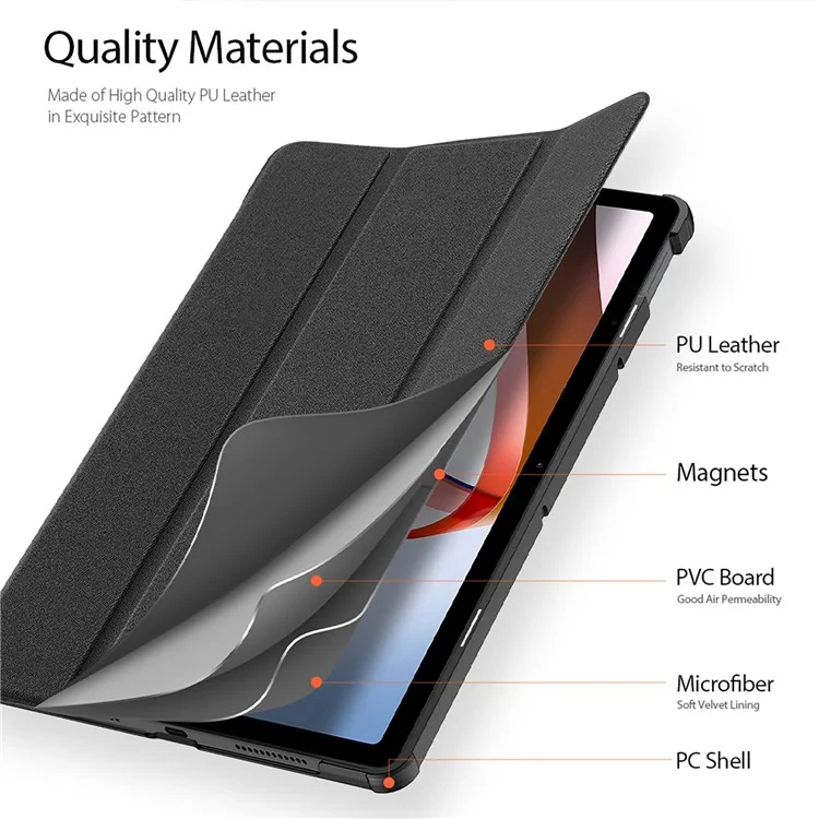 DUX DUCIS Domo Series For Xiaomi Redmi Pad Tri-fold Stand PU Leather Tablet Case Auto Wake / Sleep Full Protection Cover - Black