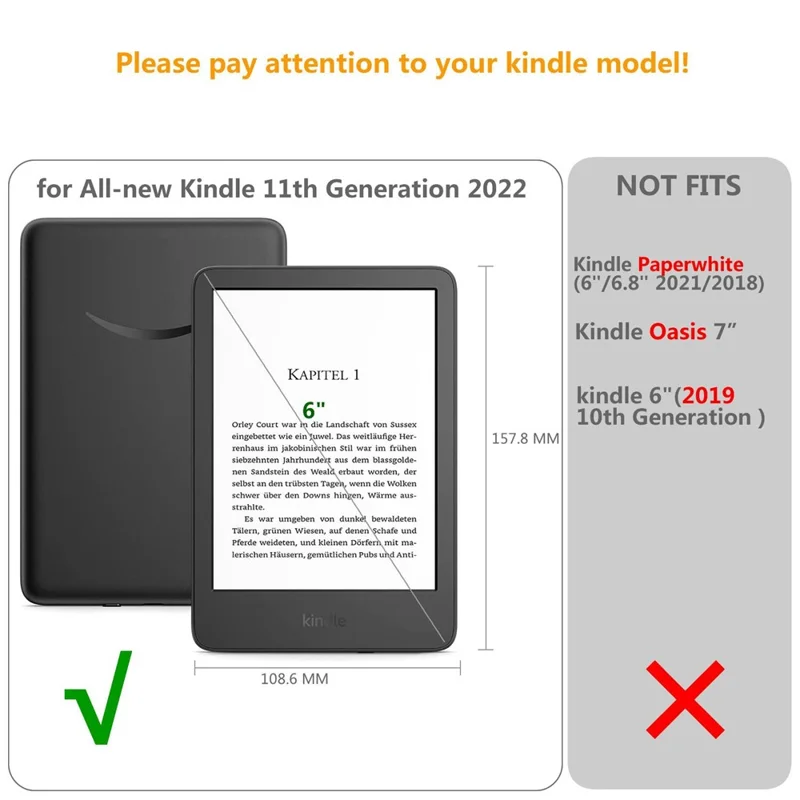 Étui réglable en similicuir avec couture + TPU pour Amazon Kindle 6" (2022), couleur unie, avec dragon intérieur, - Bleu