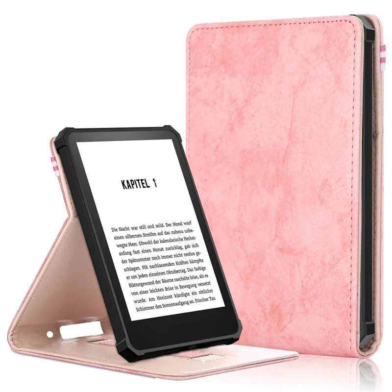 Verstellbarer Standfuß mit Nähte-Optik aus PU-Leder + TPU-Hülle in Uni-Design für Amazon Kindle 6" (2022), E-Reader-Schutzhülle mit integriertem Handgurt – Pink