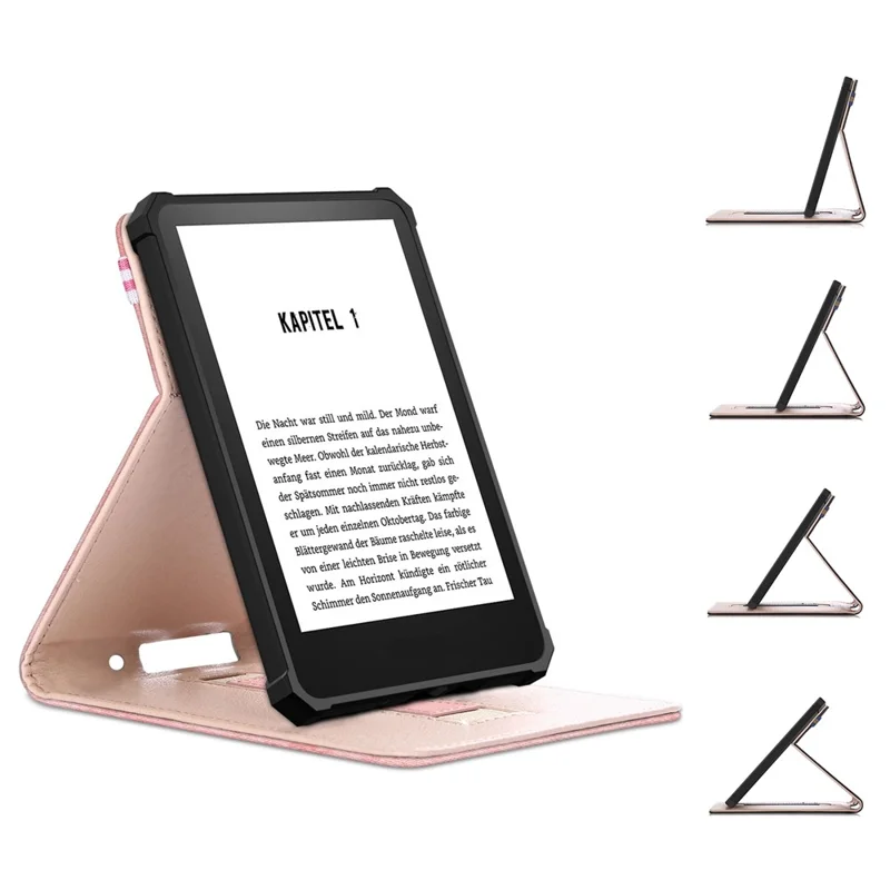 Verstellbarer Standfuß mit Nähte-Optik aus PU-Leder + TPU-Hülle in Uni-Design für Amazon Kindle 6" (2022), E-Reader-Schutzhülle mit integriertem Handgurt – Pink