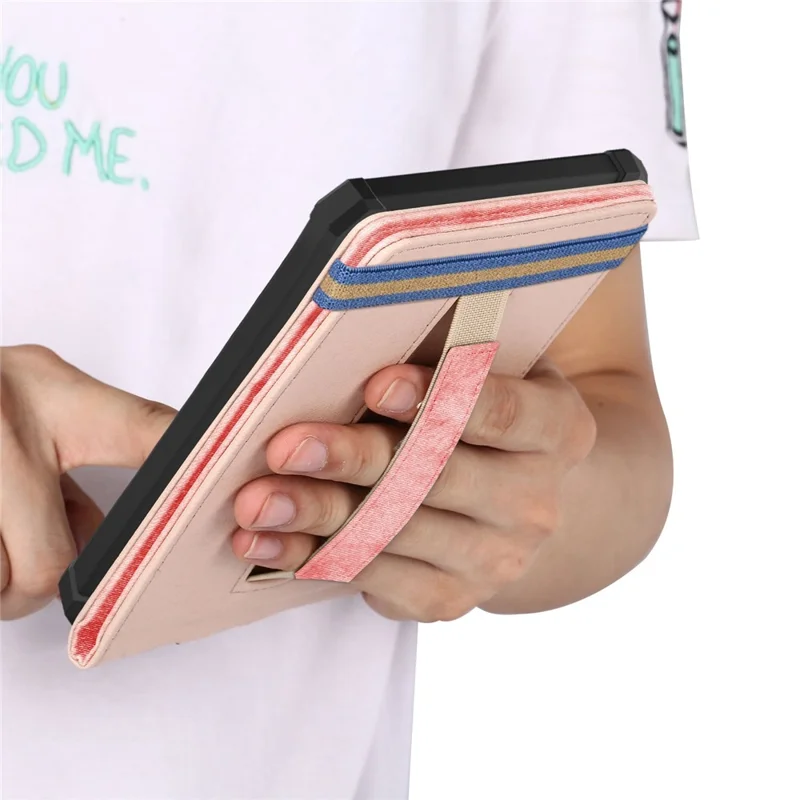 Verstellbarer Standfuß mit Nähte-Optik aus PU-Leder + TPU-Hülle in Uni-Design für Amazon Kindle 6" (2022), E-Reader-Schutzhülle mit integriertem Handgurt – Pink
