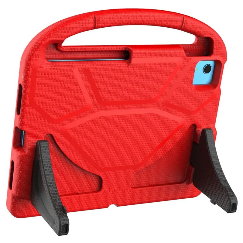 For iPad (2025) / 10.9 (2022) Soccer Pattern EVA Tablet Case Kid Friendly Kickstand Handle Protective Cover - Red