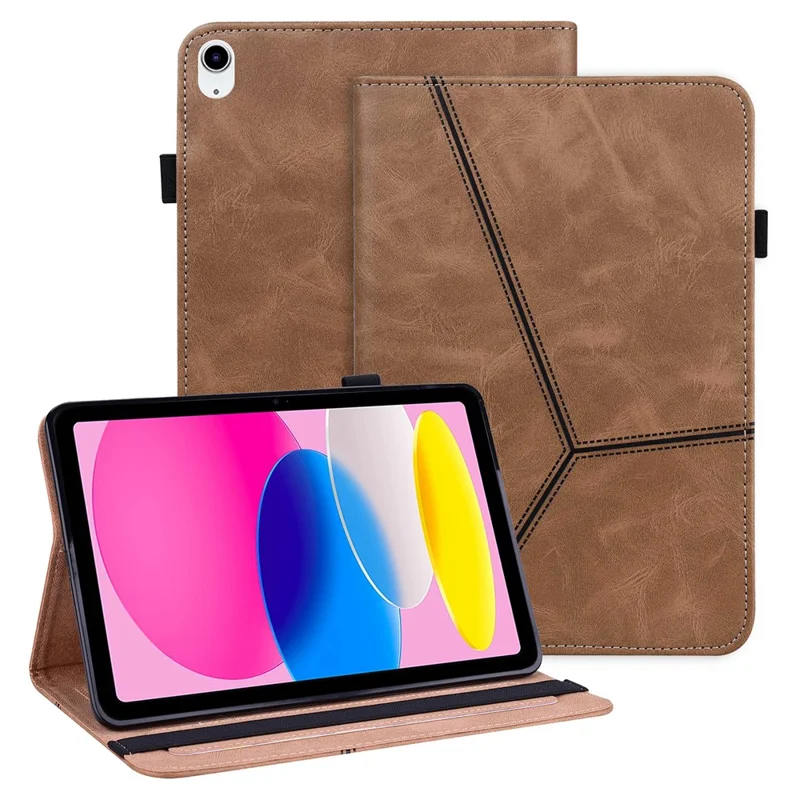 For iPad (2025) / 10.9 (2022) Tablet Case Line Imprinted PU Leather Card Holder Cover with Elastic Band - Brown