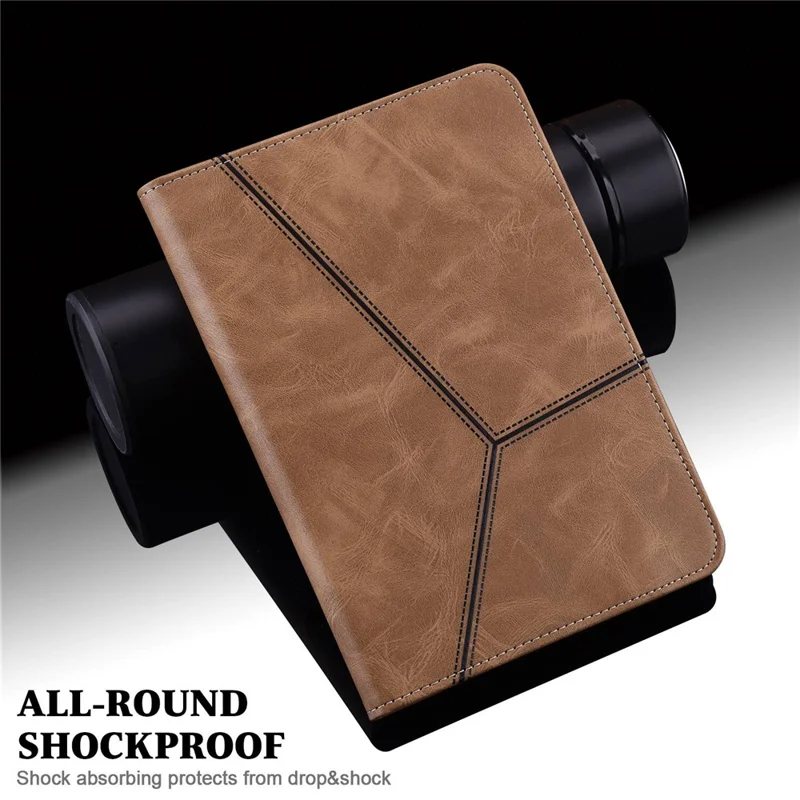 For iPad (2025) / 10.9 (2022) Tablet Case Line Imprinted PU Leather Card Holder Cover with Elastic Band - Brown